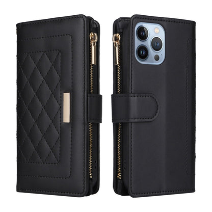 For iPhone 13 Pro Crossbody Zipper Wallet Rhombus Leather Phone Case(Black) - iPhone 13 Pro Cases by buy2fix | Online Shopping UK | buy2fix