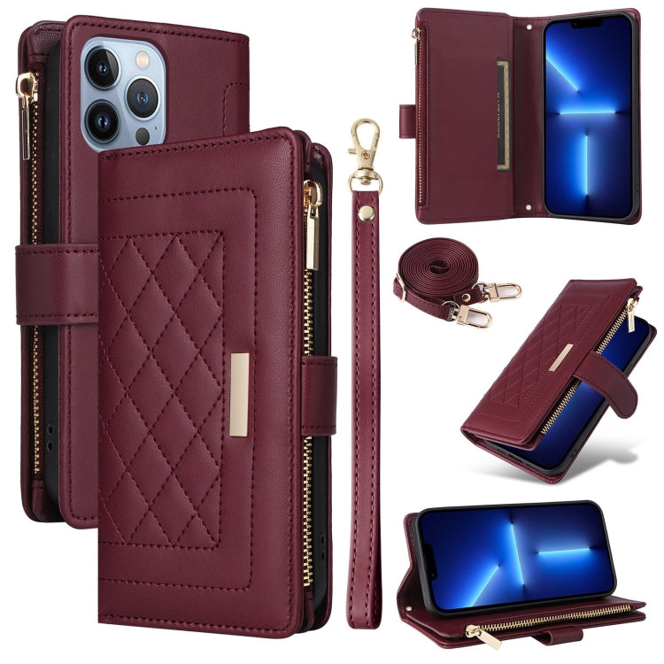 For iPhone 13 Pro Crossbody Zipper Wallet Rhombus Leather Phone Case(Wine Red) - iPhone 13 Pro Cases by buy2fix | Online Shopping UK | buy2fix