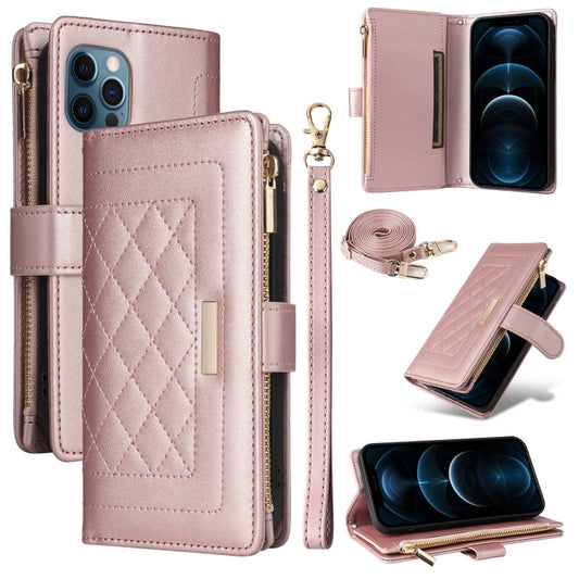 For iPhone 12 / 12 Pro Crossbody Zipper Wallet Rhombus Leather Phone Case(Rose Gold) - iPhone 12 / 12 Pro Cases by buy2fix | Online Shopping UK | buy2fix