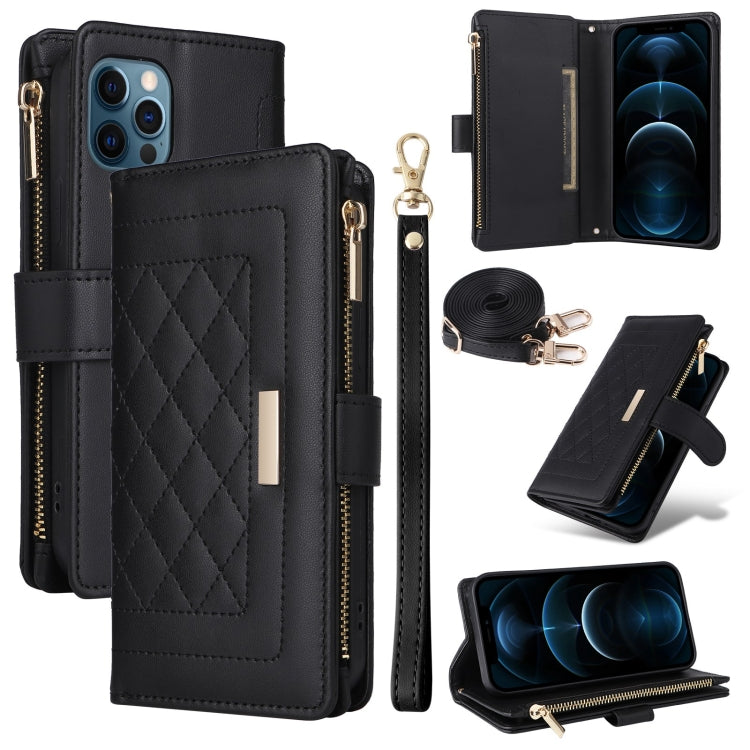 For iPhone 12 / 12 Pro Crossbody Zipper Wallet Rhombus Leather Phone Case(Black) - iPhone 12 / 12 Pro Cases by buy2fix | Online Shopping UK | buy2fix
