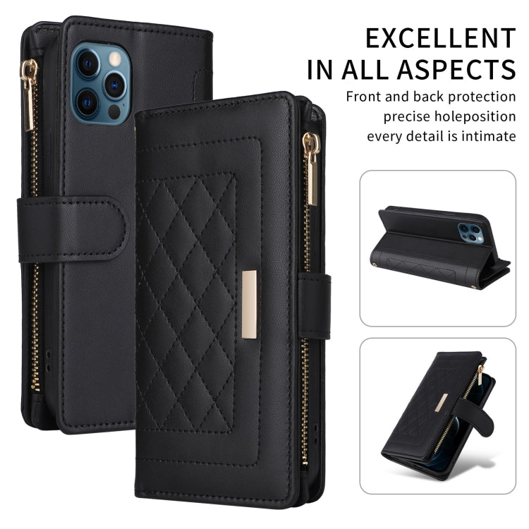 For iPhone 12 / 12 Pro Crossbody Zipper Wallet Rhombus Leather Phone Case(Black) - iPhone 12 / 12 Pro Cases by buy2fix | Online Shopping UK | buy2fix