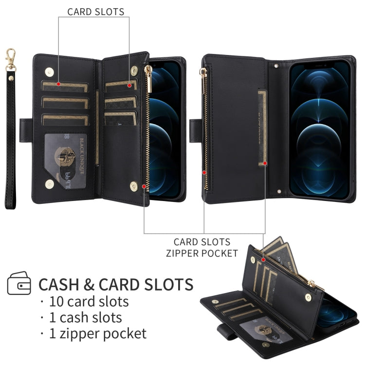 For iPhone 12 / 12 Pro Crossbody Zipper Wallet Rhombus Leather Phone Case(Black) - iPhone 12 / 12 Pro Cases by buy2fix | Online Shopping UK | buy2fix
