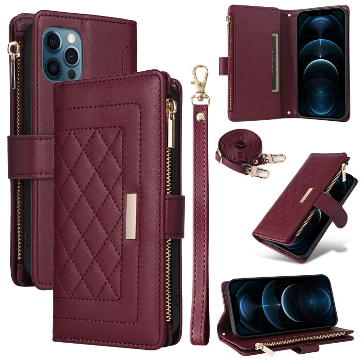 For iPhone 12 / 12 Pro Crossbody Zipper Wallet Rhombus Leather Phone Case(Wine Red) - iPhone 12 / 12 Pro Cases by buy2fix | Online Shopping UK | buy2fix