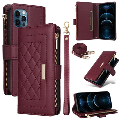 For iPhone 12 / 12 Pro Crossbody Zipper Wallet Rhombus Leather Phone Case(Wine Red) - iPhone 12 / 12 Pro Cases by buy2fix | Online Shopping UK | buy2fix