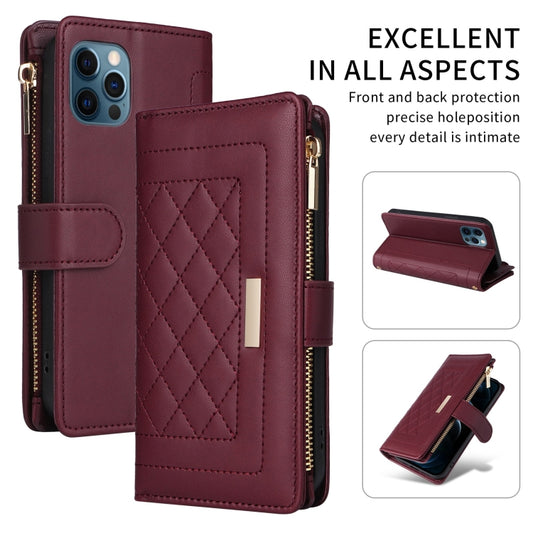 For iPhone 12 / 12 Pro Crossbody Zipper Wallet Rhombus Leather Phone Case(Wine Red) - iPhone 12 / 12 Pro Cases by buy2fix | Online Shopping UK | buy2fix