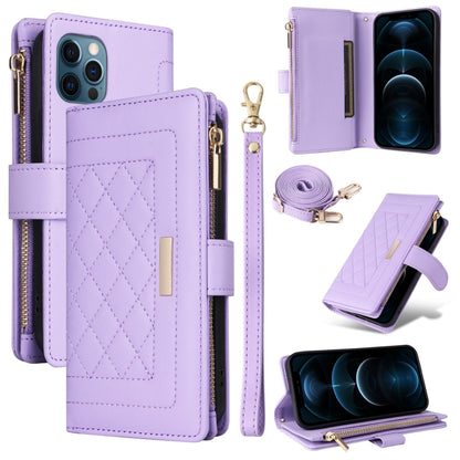 For iPhone 12 Pro Max Crossbody Zipper Wallet Rhombus Leather Phone Case(Purple) - iPhone 12 Pro Max Cases by buy2fix | Online Shopping UK | buy2fix