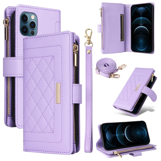 For iPhone 12 Pro Max Crossbody Zipper Wallet Rhombus Leather Phone Case(Purple) - iPhone 12 Pro Max Cases by buy2fix | Online Shopping UK | buy2fix