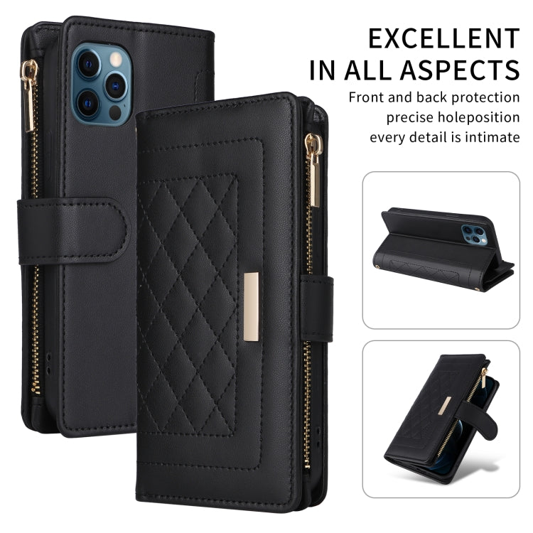 For iPhone 12 Pro Max Crossbody Zipper Wallet Rhombus Leather Phone Case(Black) - iPhone 12 Pro Max Cases by buy2fix | Online Shopping UK | buy2fix