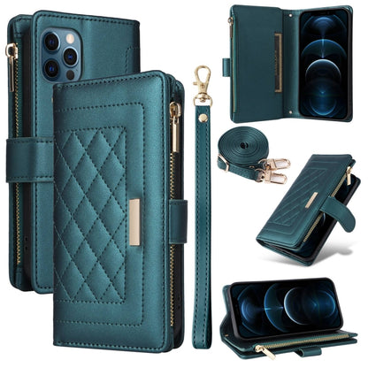 For iPhone 12 Pro Max Crossbody Zipper Wallet Rhombus Leather Phone Case(Green) - iPhone 12 Pro Max Cases by buy2fix | Online Shopping UK | buy2fix