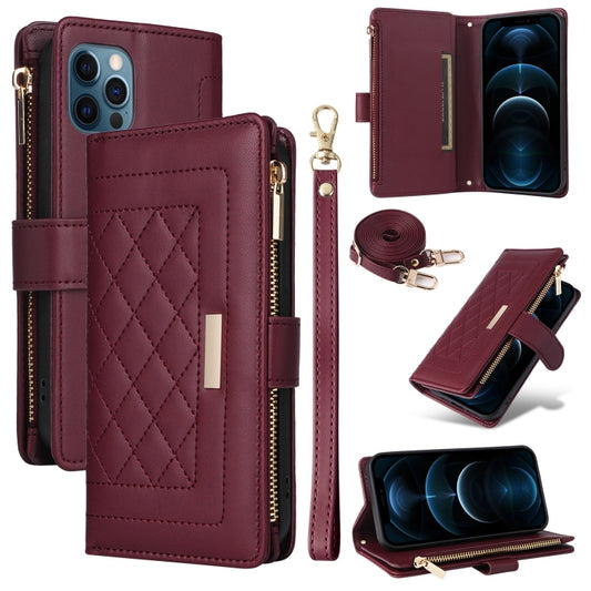 For iPhone 12 Pro Max Crossbody Zipper Wallet Rhombus Leather Phone Case(Wine Red) - iPhone 12 Pro Max Cases by buy2fix | Online Shopping UK | buy2fix