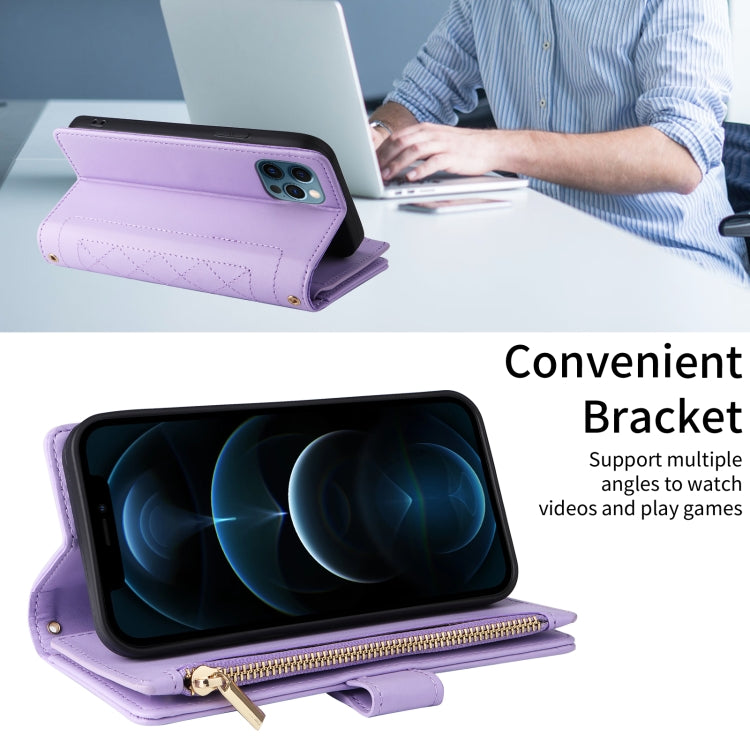 For iPhone 11 Pro Max Crossbody Zipper Wallet Rhombus Leather Phone Case(Purple) - iPhone 11 Pro Max Cases by buy2fix | Online Shopping UK | buy2fix