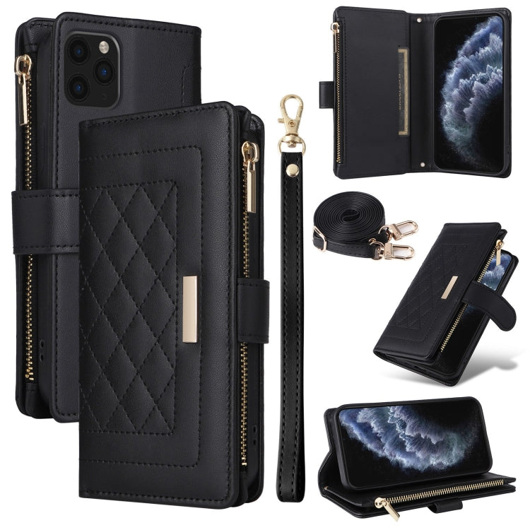 For iPhone 11 Pro Max Crossbody Zipper Wallet Rhombus Leather Phone Case(Black) - iPhone 11 Pro Max Cases by buy2fix | Online Shopping UK | buy2fix
