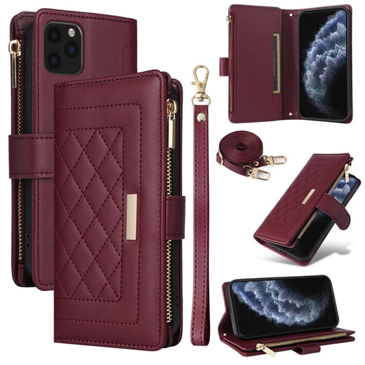 For iPhone 11 Pro Max Crossbody Zipper Wallet Rhombus Leather Phone Case(Wine Red) - iPhone 11 Pro Max Cases by buy2fix | Online Shopping UK | buy2fix