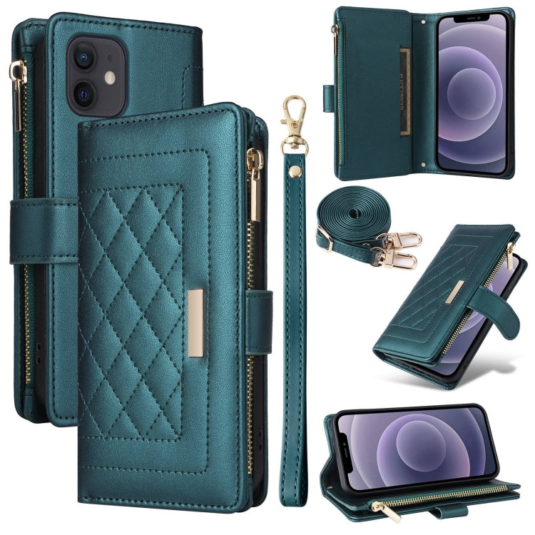 For iPhone 11 Crossbody Zipper Wallet Rhombus Leather Phone Case(Green) - iPhone 11 Cases by buy2fix | Online Shopping UK | buy2fix