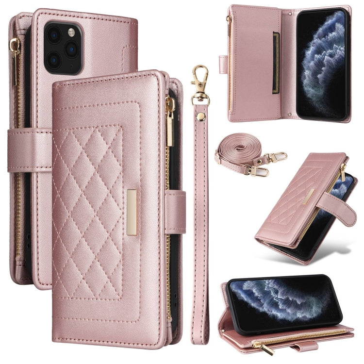 For iPhone 11 Pro Crossbody Zipper Wallet Rhombus Leather Phone Case(Rose Gold) - iPhone 11 Pro Cases by buy2fix | Online Shopping UK | buy2fix