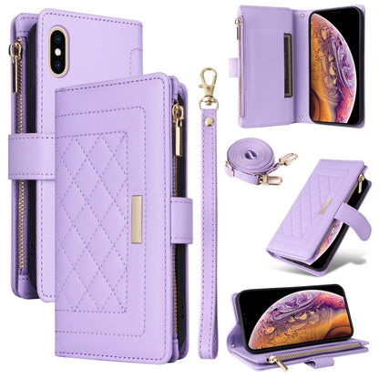 For iPhone X / XS Crossbody Zipper Wallet Rhombus Leather Phone Case(Purple) - More iPhone Cases by buy2fix | Online Shopping UK | buy2fix