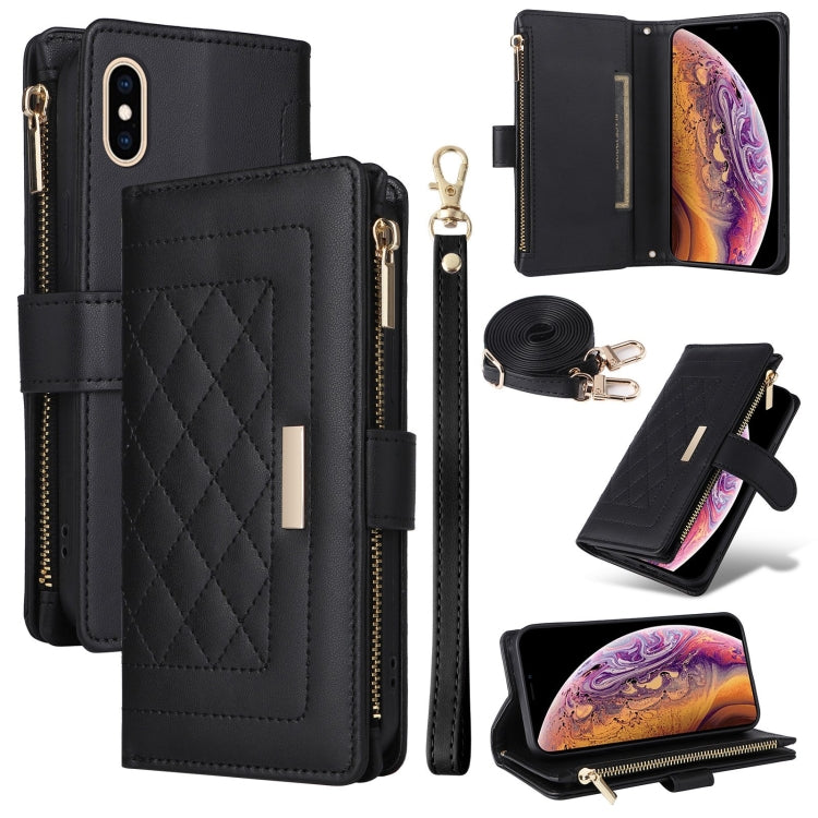 For iPhone X / XS Crossbody Zipper Wallet Rhombus Leather Phone Case(Black) - More iPhone Cases by buy2fix | Online Shopping UK | buy2fix