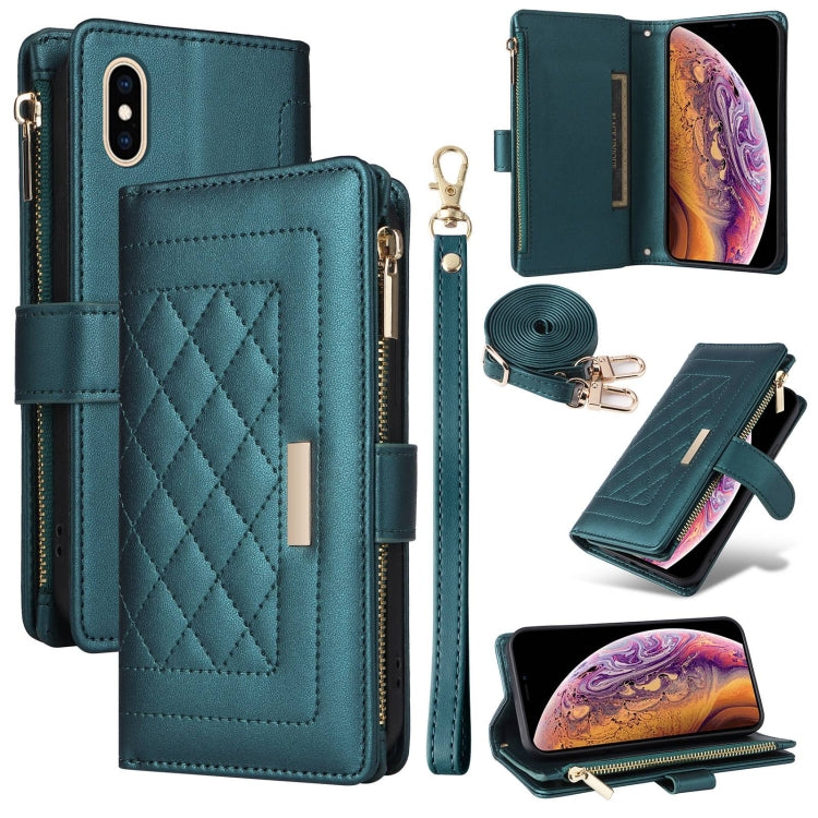 For iPhone X / XS Crossbody Zipper Wallet Rhombus Leather Phone Case(Green) - More iPhone Cases by buy2fix | Online Shopping UK | buy2fix