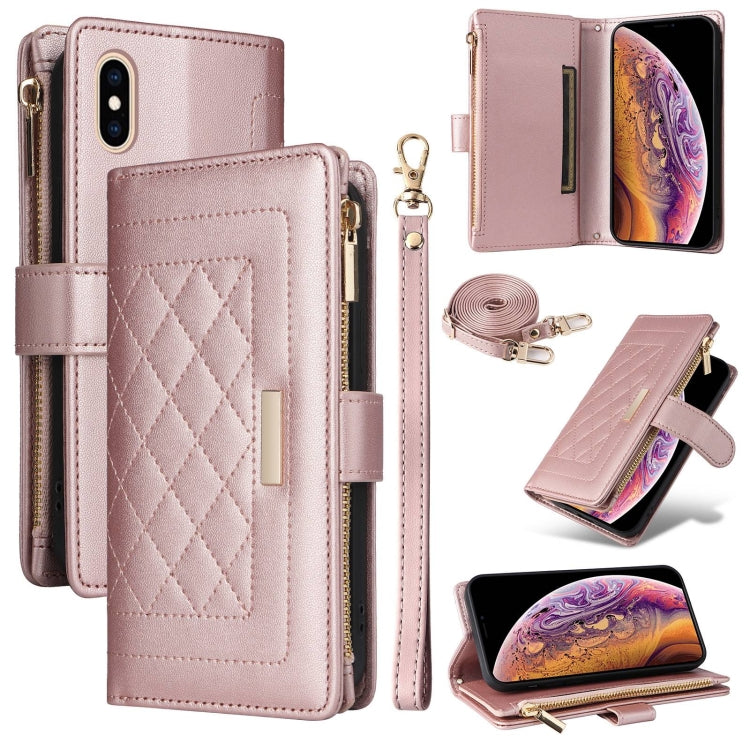 For iPhone XS Max Crossbody Zipper Wallet Rhombus Leather Phone Case(Rose Gold) - More iPhone Cases by buy2fix | Online Shopping UK | buy2fix