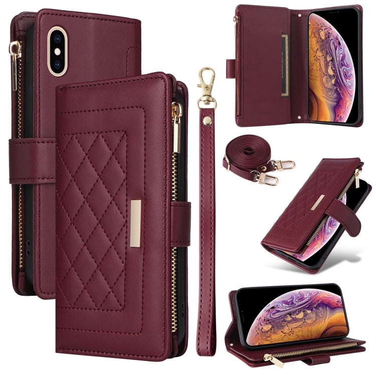 For iPhone XS Max Crossbody Zipper Wallet Rhombus Leather Phone Case(Wine Red) - More iPhone Cases by buy2fix | Online Shopping UK | buy2fix