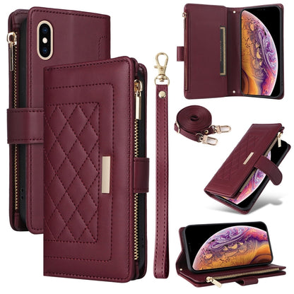 For iPhone XS Max Crossbody Zipper Wallet Rhombus Leather Phone Case(Wine Red) - More iPhone Cases by buy2fix | Online Shopping UK | buy2fix