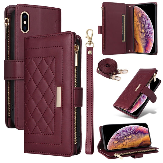 For iPhone XS Max Crossbody Zipper Wallet Rhombus Leather Phone Case(Wine Red) - More iPhone Cases by buy2fix | Online Shopping UK | buy2fix