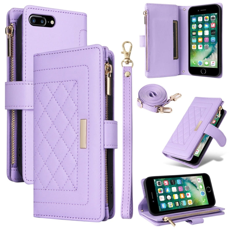 For iPhone 7 Plus / 8 Plus Crossbody Zipper Wallet Rhombus Leather Phone Case(Purple) - More iPhone Cases by buy2fix | Online Shopping UK | buy2fix