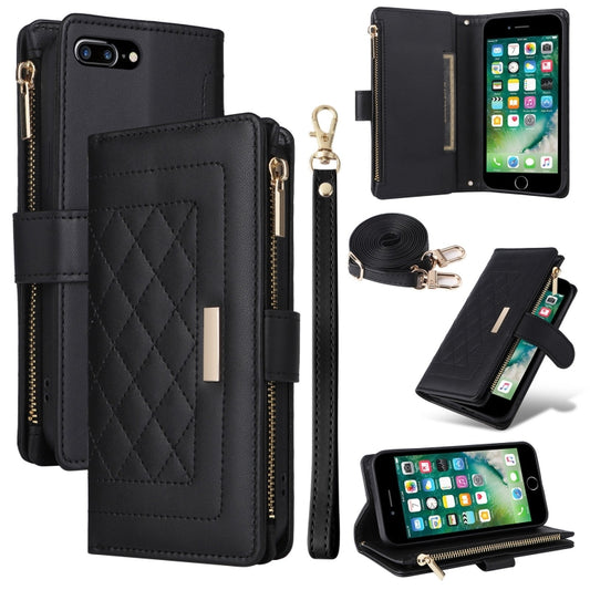 For iPhone 7 Plus / 8 Plus Crossbody Zipper Wallet Rhombus Leather Phone Case(Black) - More iPhone Cases by buy2fix | Online Shopping UK | buy2fix