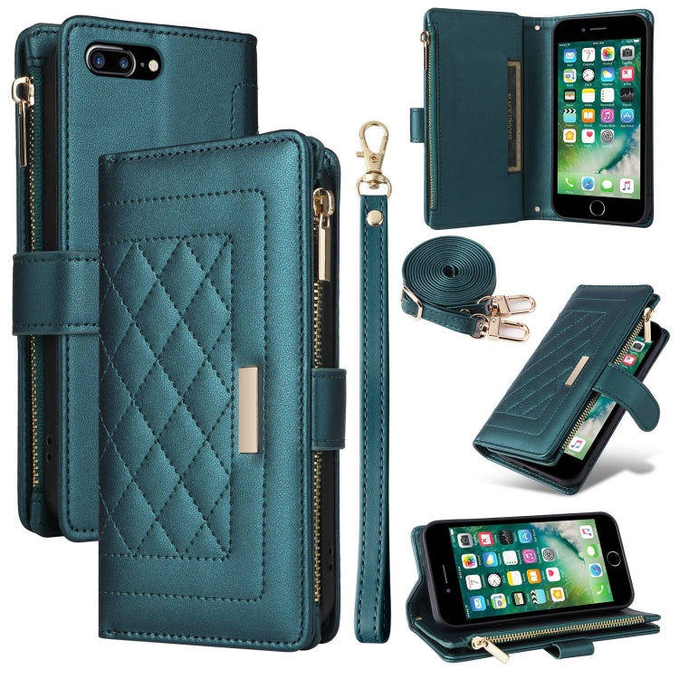 For iPhone 7 Plus / 8 Plus Crossbody Zipper Wallet Rhombus Leather Phone Case(Green) - More iPhone Cases by buy2fix | Online Shopping UK | buy2fix