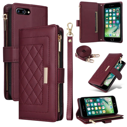 For iPhone 7 Plus / 8 Plus Crossbody Zipper Wallet Rhombus Leather Phone Case(Wine Red) - More iPhone Cases by buy2fix | Online Shopping UK | buy2fix