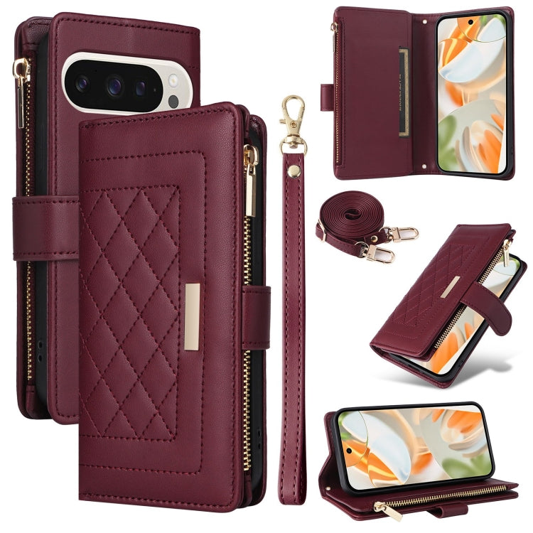 For Google Pixel 9 / 9 Pro Crossbody Zipper Wallet Rhombus Leather Phone Case(Wine Red) by buy2fix