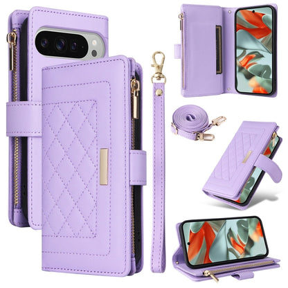 For Google Pixel 9 Pro XL Crossbody Zipper Wallet Rhombus Leather Phone Case(Purple) - Google Cases by buy2fix | Online Shopping UK | buy2fix