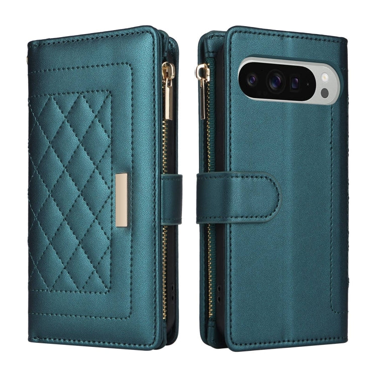 For Google Pixel 9 Pro XL Crossbody Zipper Wallet Rhombus Leather Phone Case(Green) - Google Cases by buy2fix | Online Shopping UK | buy2fix