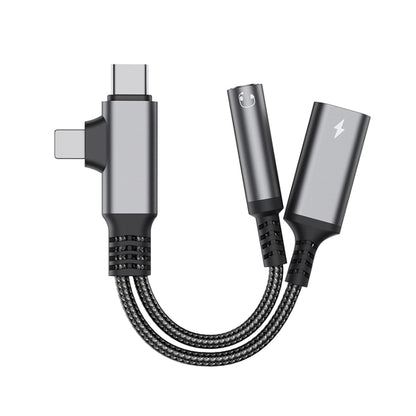 4 in 1 USB-C / Type-C, 8 Pin to 3.5mm, USB-C / Type-C Audio Adapter Cable, Length:70mm(Grey) - Earphone Adapter by buy2fix | Online Shopping UK | buy2fix
