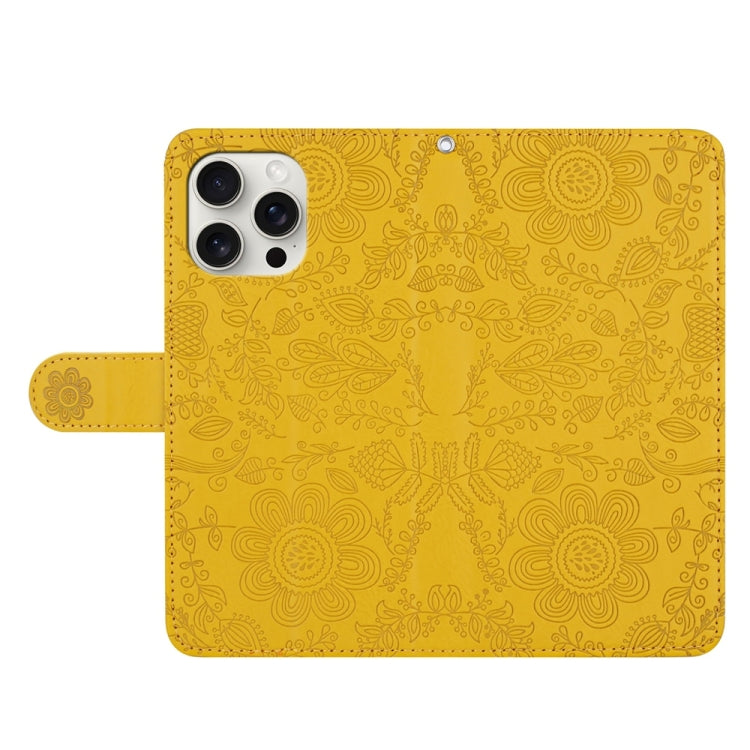 For iPhone 16 Pro Floral Embossed Pattern Leather Phone Case(Yellow) - iPhone 16 Pro Cases by buy2fix | Online Shopping UK | buy2fix