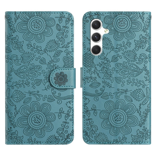 For Samsung Galaxy S25+ 5G Floral Embossed Pattern Leather Phone Case(Dark Green)