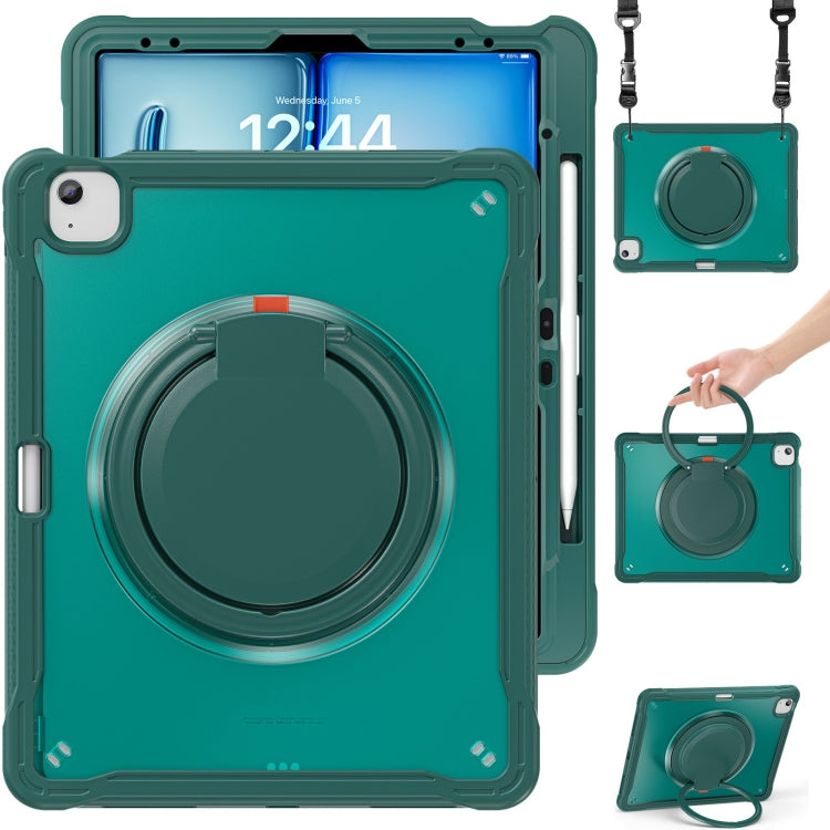 For iPad Air 13 2025 / 2024 Powerful Sailor Ring Holder Heavy Duty Hybrid Tablet Case with Strap(Dark Green) by buy2fix