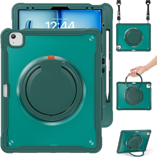For iPad Air 13 2026 / 2025 / 2024 Powerful Sailor Ring Holder Heavy Duty Hybrid Tablet Case with Strap(Dark Green)