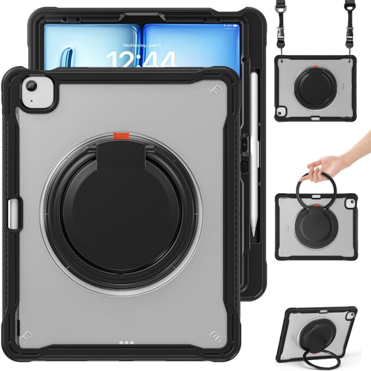 For iPad Air 13 2026 / 2025 / 2024 Powerful Sailor Ring Holder Heavy Duty Hybrid Tablet Case with Strap(Black Transparent)