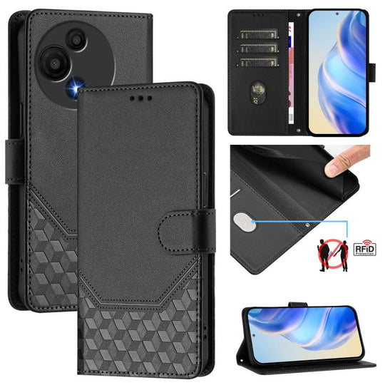 For TCL 605 / 60 SE Honeycomb Embossing RFID Leather Phone Case(Black)