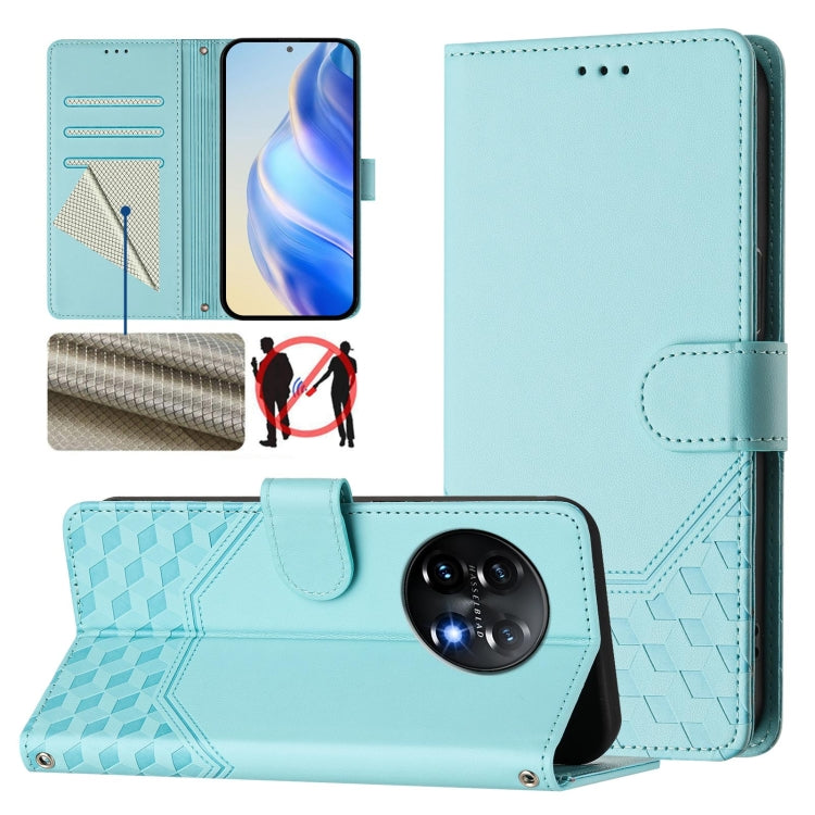 For OnePlus 11 Honeycomb Embossing RFID Leather Phone Case(Mint Green) - OnePlus Cases by buy2fix | Online Shopping UK | buy2fix