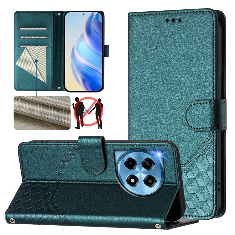 For OnePlus 12 5G Global Honeycomb Embossing RFID Leather Phone Case(Peacock Green) by buy2fix