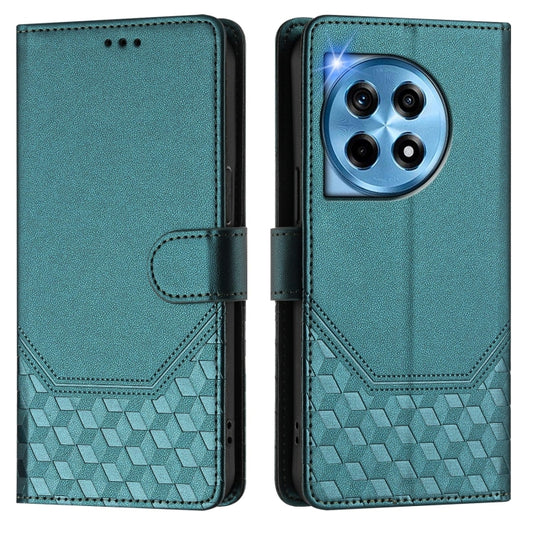For OnePlus 12 5G Global Honeycomb Embossing RFID Leather Phone Case(Peacock Green) by buy2fix