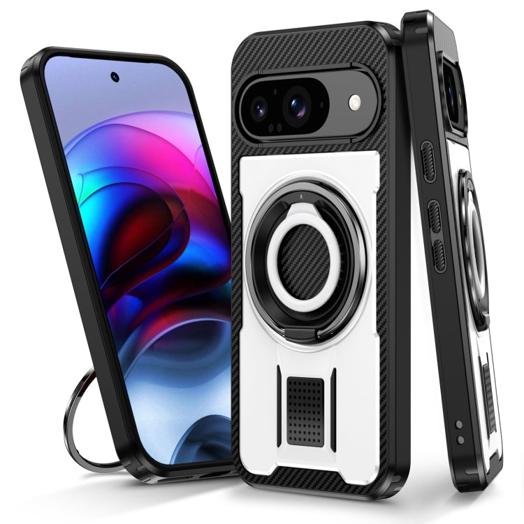 For Google Pixel 9 / 9 Pro Ring Holder Carbon Fiber PC Hybrid TPU Phone Case(White) - Google Cases by buy2fix | Online Shopping UK | buy2fix