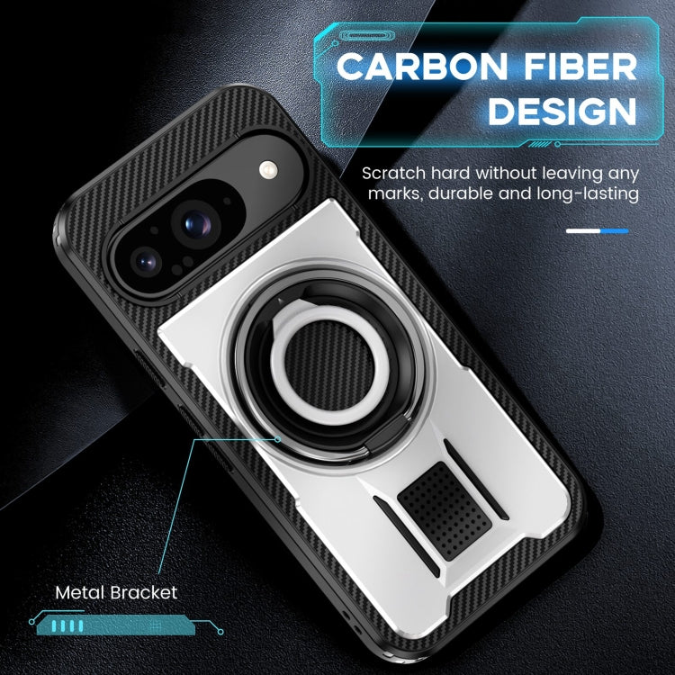 For Google Pixel 9 / 9 Pro Ring Holder Carbon Fiber PC Hybrid TPU Phone Case(White) - Google Cases by buy2fix | Online Shopping UK | buy2fix