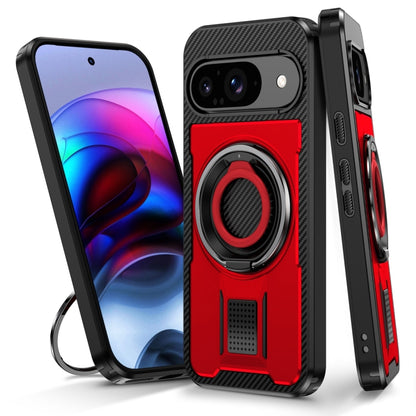 For Google Pixel 9 / 9 Pro Ring Holder Carbon Fiber PC Hybrid TPU Phone Case(Red) - Google Cases by buy2fix | Online Shopping UK | buy2fix