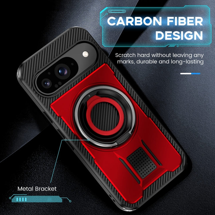 For Google Pixel 9 / 9 Pro Ring Holder Carbon Fiber PC Hybrid TPU Phone Case(Red) - Google Cases by buy2fix | Online Shopping UK | buy2fix