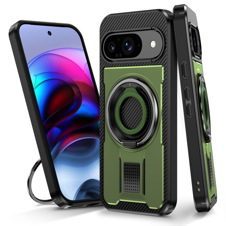 For Google Pixel 9 / 9 Pro Ring Holder Carbon Fiber PC Hybrid TPU Phone Case(Army Green) - Google Cases by buy2fix | Online Shopping UK | buy2fix