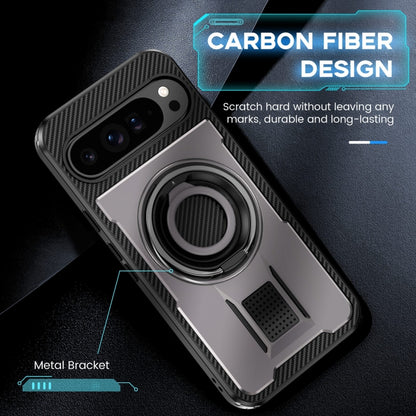 For Google Pixel 9 Pro XL Ring Holder Carbon Fiber PC Hybrid TPU Phone Case(Grey) - Google Cases by buy2fix | Online Shopping UK | buy2fix