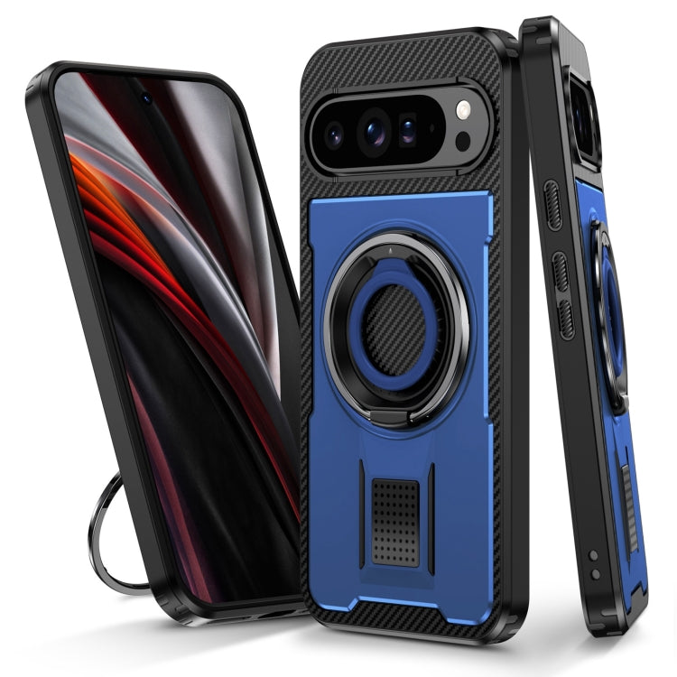 For Google Pixel 9 Pro XL Ring Holder Carbon Fiber PC Hybrid TPU Phone Case(Blue) - Google Cases by buy2fix | Online Shopping UK | buy2fix